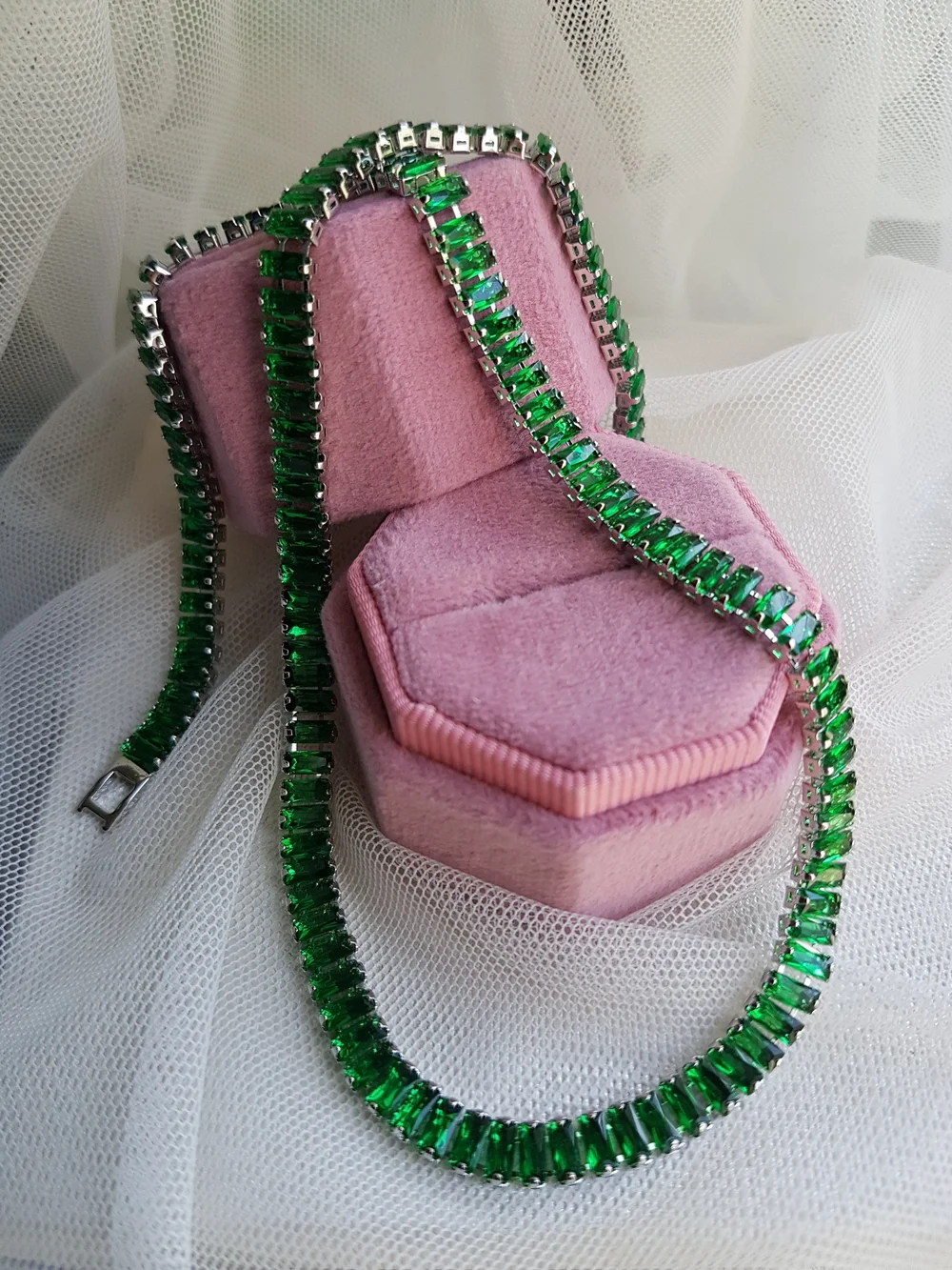 Swarovski Elements Silver Emerald Green Emerald-cut Baguette Tennis Necklace NEW